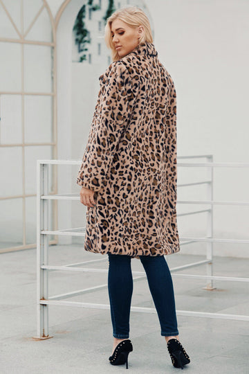 Brown Notched Lapel Leopard Trykt Long Women Faux Fur Coat